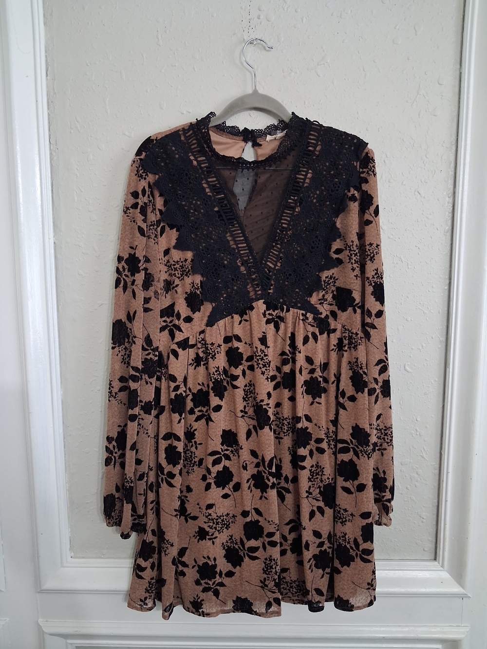 Retro Entro large high neck lace embroidery crochet empire mini dress boho